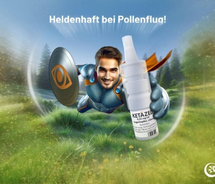 Ketazed Superheld fliegt &uuml;ber Blumenwiese: Heldenhaft bei Pollenflug! (Foto: TRB Chemedica AG, KI-generiert)
